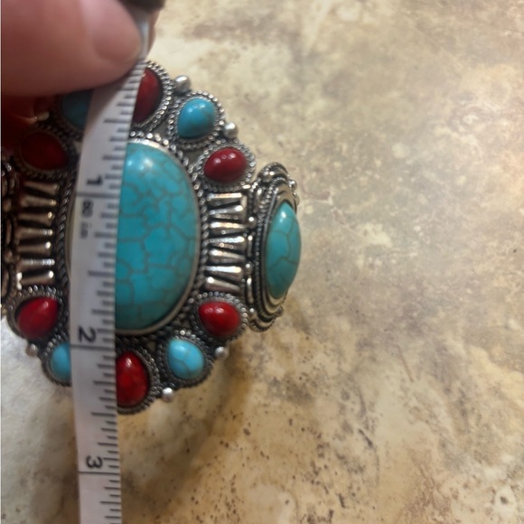2 chunky southwest faux turquoise pose coral silver cuffs - Picture 4 of 9